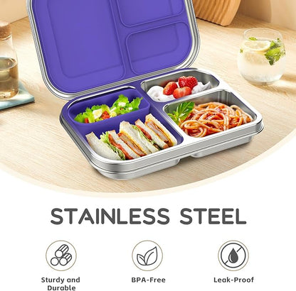 Stainless Steel Kids Leak-Resistant Bento Lunch Box, 3-Compartments with Silicone Container, Dishwasher-Safe, Child-Friendly Design for School, Picnics & Travel,BPA-Free(Purple)