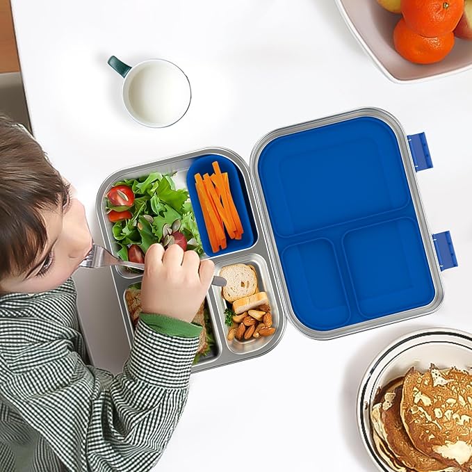 Stainless Steel Kids Leak-Resistant Bento Lunch Box, 3-Compartments with Silicone Container, Dishwasher-Safe, Child-Friendly Design for School, Picnics & Travel,BPA-Free (Blue)