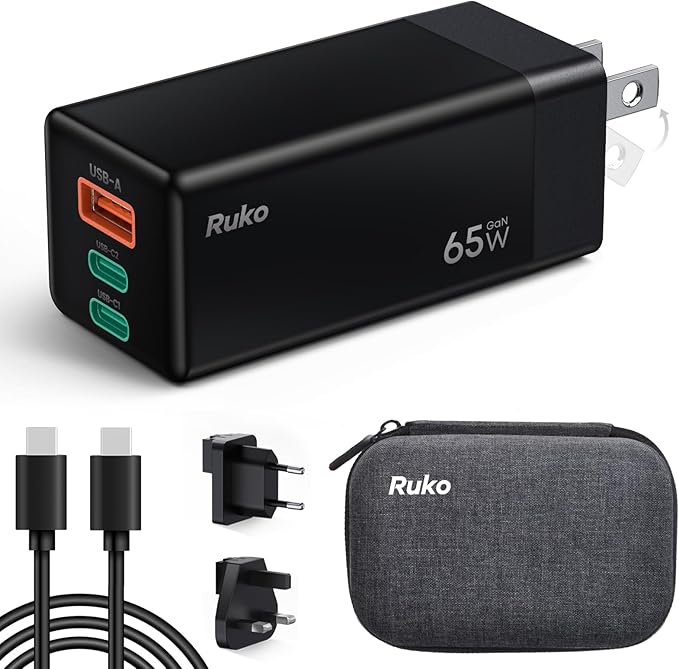 Ruko 65W USB C Charger, 3 Port International Travel Charger Kit, GaN Fast
