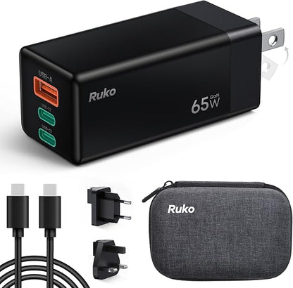 Ruko 65W USB C Charger, 3 Port International Travel Charger Kit, GaN Fast