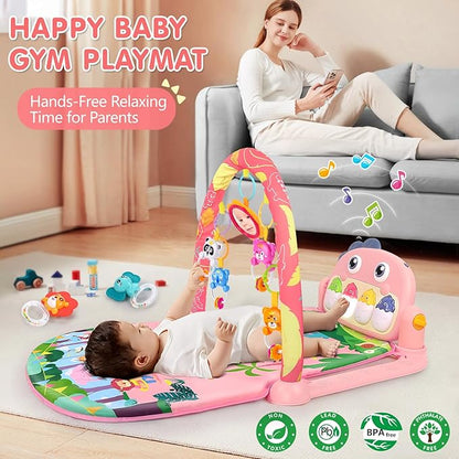 UMIKU Baby Play Mat Baby Tummy Time Mat Infant Newborn Musical Activity Center with High-Contrast Piano Music & Light Newborn Babies Gift for Girl Boy Babies 0-6 6-12 Month Pink Dinosaur