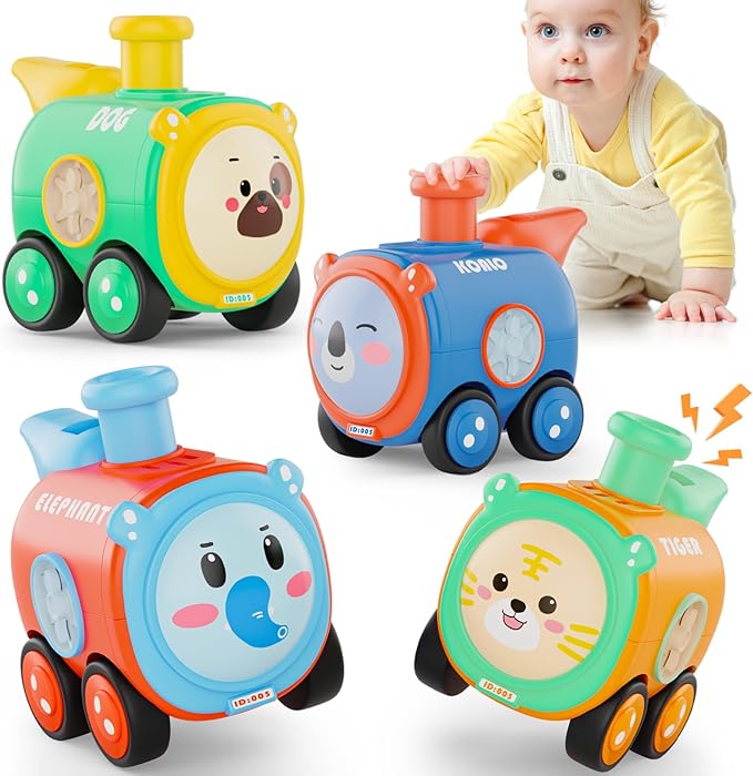 Baby Train Car Toys for Toddler 1-3, 4PCS Press to Go Push Car, Infant Play Whistle Vehicle Toy Set for 12-18 Months, 1st Birthday Christmas Easter Gifts for 1-2 Years Old Boys
