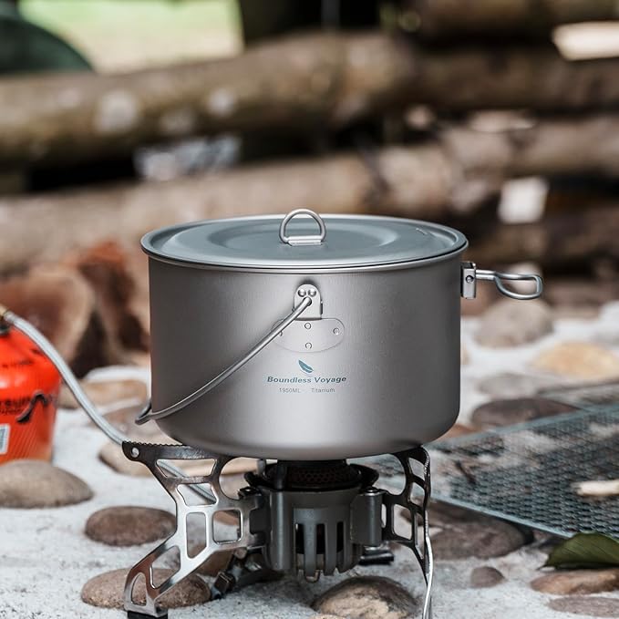 iBasingo 1.95L (1950ml) Titanium Pot with Lid Ultralight Camping Cookware for Backpacking, Hiking & Outdoor Cooking, Compact Backpacker Pot with Measurement Marks, Folding Handle Ti2044C