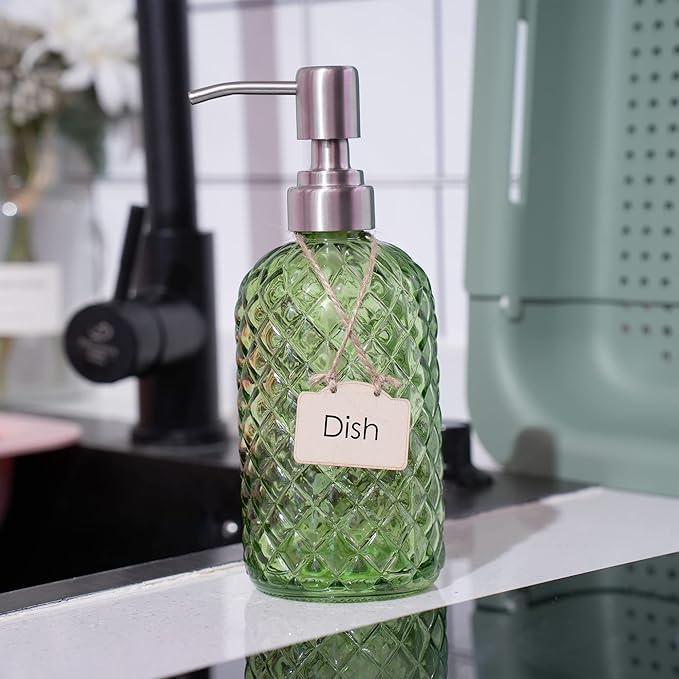 16 oz Diamond Pattern Glass Soap Dispenser, Kitchen and Bathroom Refillable