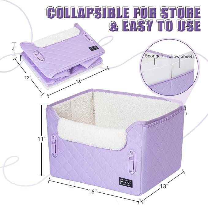 PETSFIT Dog Car Seats for Small Dogs – Patented Safety Buckles – Safety Tether – Foldable Travel Cat Car Seat Reduces Anxiety & Road Trips – Stable Frame, Fits Front/Back Seat (Lavender Purple)