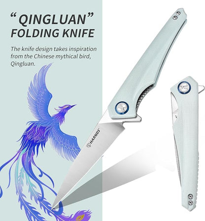Qingluan Folding Knife with Pocket Clip, D2 Steel Blade 3.54'' and G10 Handle Outdoor Adventure knife EDC Camping Knife (Cyan)