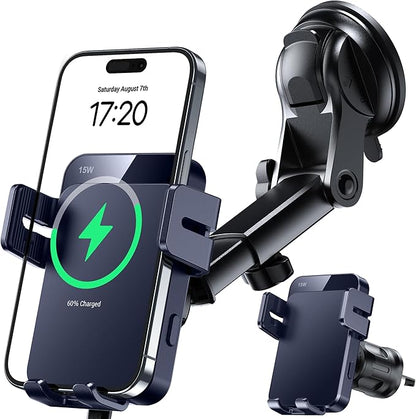 MOKPR Wireless Car Charger, 15W Auto Clamping Car Charger Dash Windshield Air Vent Phone Holder Compatible with iPhone 16 15 14/13/13 Pro/12 pro/12/11/X/8, Samsung S24/S23/S22