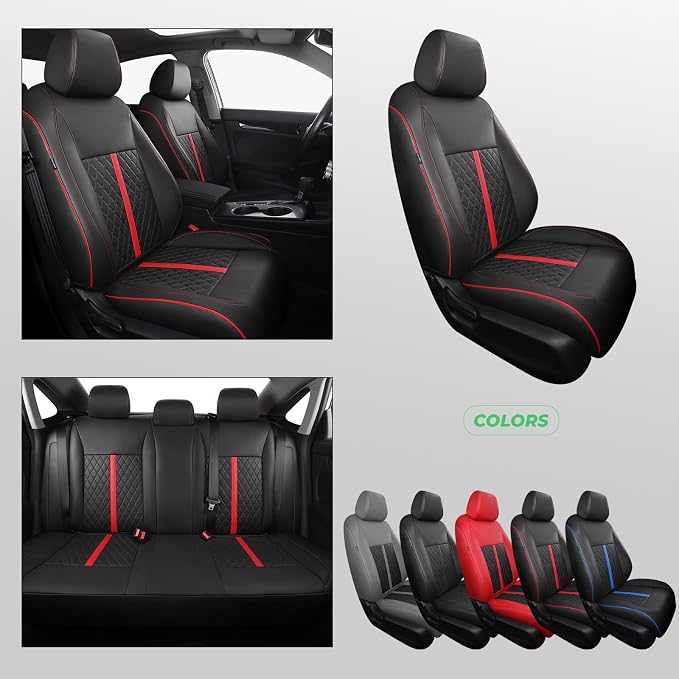 for Honda Civic Leather Seat Covers, Sedan LX 2016 2017 2018 2019 2020 2021, Custom Fit Car Seat Cover Full Set, Waterproof Accessories, Black Red (Solid Bench Seats- W/O Rear Armrest)