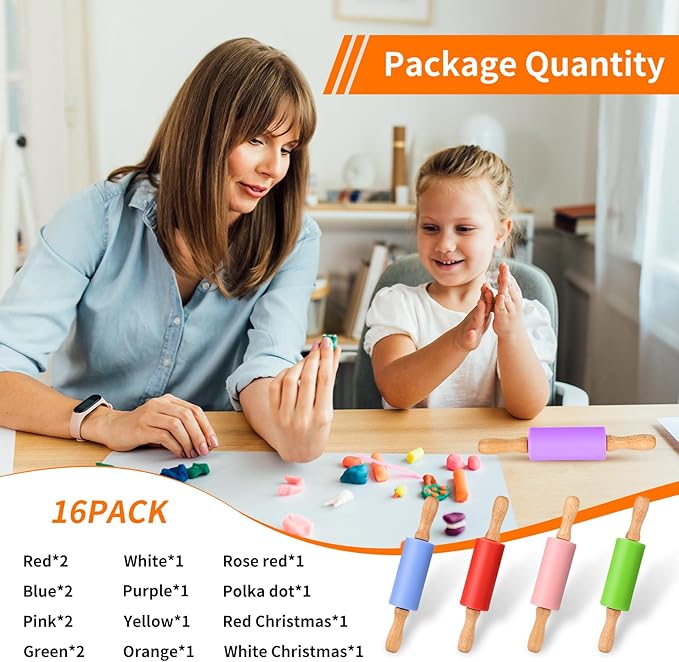 Mini Silicone Rolling Pin for Kids, Non-stick Surface Wood Handle, 9 Inch 16