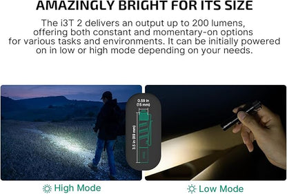 OLIGHT I3T 2 EOS Pocket EDC Flashlight, 200 Lumens Compact Bright Handheld Flash Lights, Dual-Output Tail Switch with AAA Battery and Two-Way Pocket Clip for Camping and Hiking (Black)