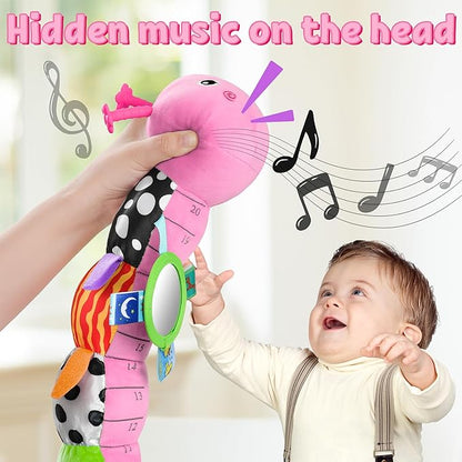 LIGHTDESIRE Baby Toys Musical Caterpillar,Infant Toys Stuffed Animals with Ruler Design,Mirror,Pull String&Ring Bell,Baby Teething Toys for Tummy Time Toy Newborn Gifts 3 6 12 Months(Pink,Leafy Limb)