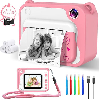Kids Camera Instant Print, Dinosaur Kids Digital Toddler Camera,1080P with 32G SD Card, Kids Toy Birthday Gifts Portable Toy for 3-12 Year Old Girls Boys (Pink)