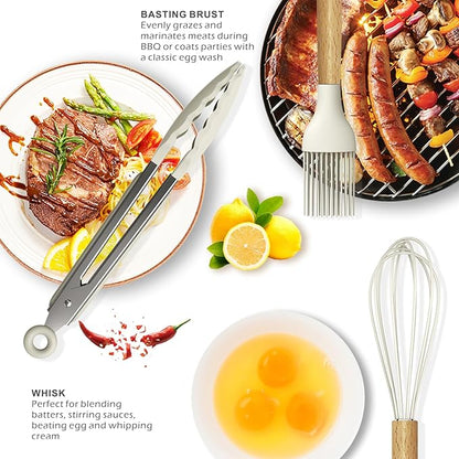 Silicone Cooking Utensils Set - 446°F Heat Resistant Silicone Kitchen Utensils for Cooking,Kitchen Utensil Spatula Set w Wooden Handles and Holder, BPA FREE Gadgets for Non-Stick Cookware (Khaki)