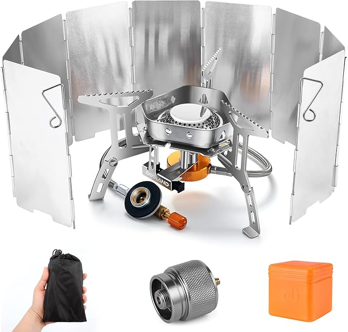 Odoland 3500W/6800W Windproof Camp Stove Camping Gas Stove with Windscreen, Fuel Canister Adapter, Piezo Ignition for Outdoor Backpacking Hiking and Picnic