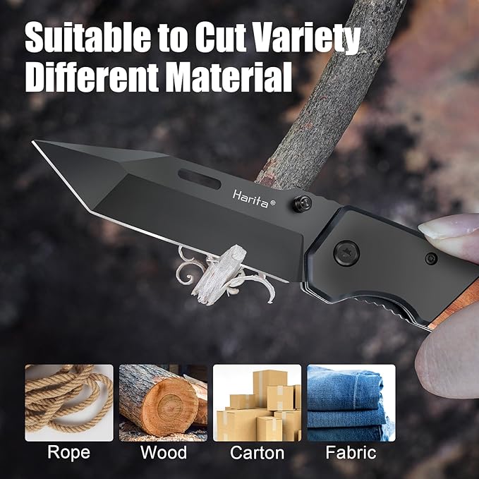 Harita Pocket Knife for Men, Folding Utility with Pocket Clip, Wood Handle EDC for Women with 3.4″ Black Steel Blade, Camping Knife, Hunting, Hiking - Father's Day Gift (Back, 3.4 inch Classic Blade)