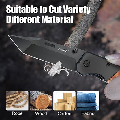 Harita Pocket Knife for Men, Folding Utility with Pocket Clip, Wood Handle EDC for Women with 3.4″ Black Steel Blade, Camping Knife, Hunting, Hiking - Father's Day Gift (Back, 3.4 inch Classic Blade)
