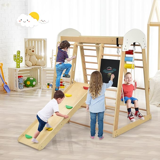 Costzon Indoor Jungle Gym, 8-in-1 Montessori Beech Wood Climbing Toys for Toddlers w/Double-Sided Slide, Climbing Rock/Net, Indoor Playground Climber Playset for Kids 3+ Years Birthday
