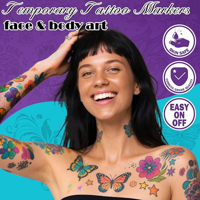 Ponhey Temporary Tattoo Markers for Skin, 12 Body Markers+67 Large Tattoo Stencils,Dual-End Tattoo Pens,Fine Lines with Cosmetic-Grade,Flexible, Skin-Safe Face Paint Kit for Kids Teenage Adults