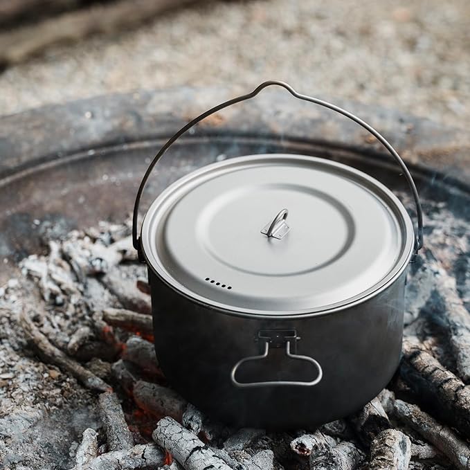 Boundless Voyage Titanium Hanging Pot for Outdoor Camping Backpacking Hiking Ultralight Portable Cooking Pot Camp Kitchen Cookware 1300ML/1950ML/2900ML