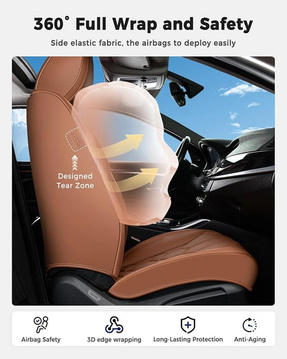Huidasource Front Seat Covers, Universal Fit for Most Cars SUV Trucks, Full Coverage Leather Seat Cover, Airbag Compatble, Seat Function Retain, Storage Pocket Design, Easy to Install, Brown