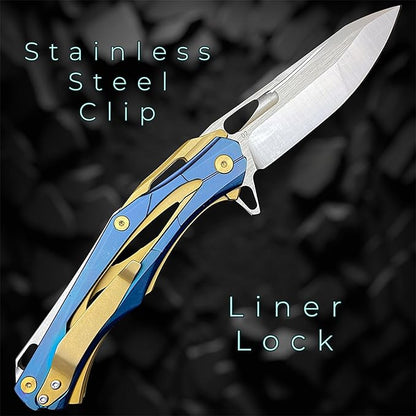 TACTICAL GEARZ Stainless Steel Pocket Knife, Stainless Steel Handle, D2 Steel Drop Point Blade, Ball Bearing Pivot! (Kronus Blue/Gold)