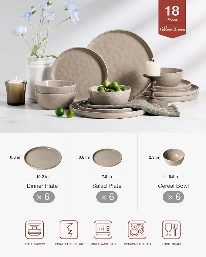 Famiware Mars Plates and Bowls Set, 18 Pieces Dinnerware Sets, Dishes Set for 6, Cinnamon Brown