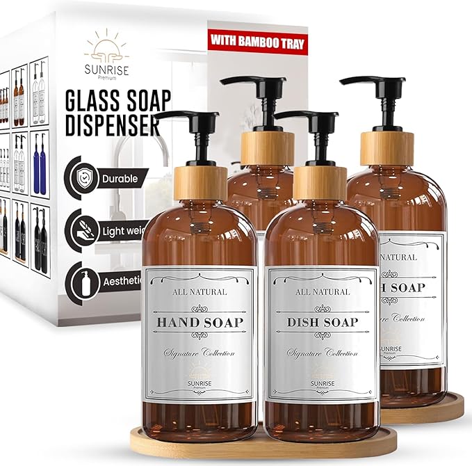 Sunrise Premium 16 OZ Thick Amber Glass Soap Dispenser, Bamboo Pump