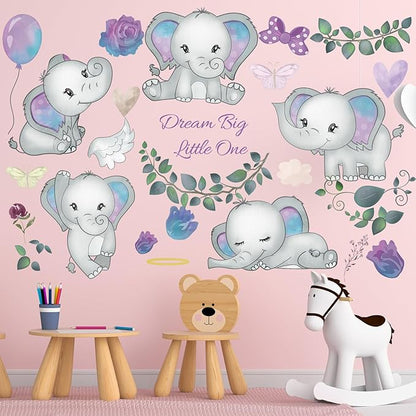 Wall Decals Stickers Dream Big Little One Elephant Wall Stickers Wall Murals Peel and Stick Removable Purple Rose Elephant Wall Decor for Baby Shower Room Nursery Boys Girls Bedroom Playroom Classroom