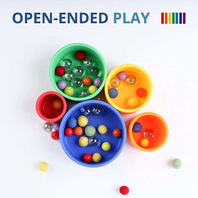 BLUE GINKGO Silicone Stacking Cups – Nesting & Sensory Stacking Toy for Toddlers | Open-Ended Montessori Toy with 5 Cups (Vibrant Colors)