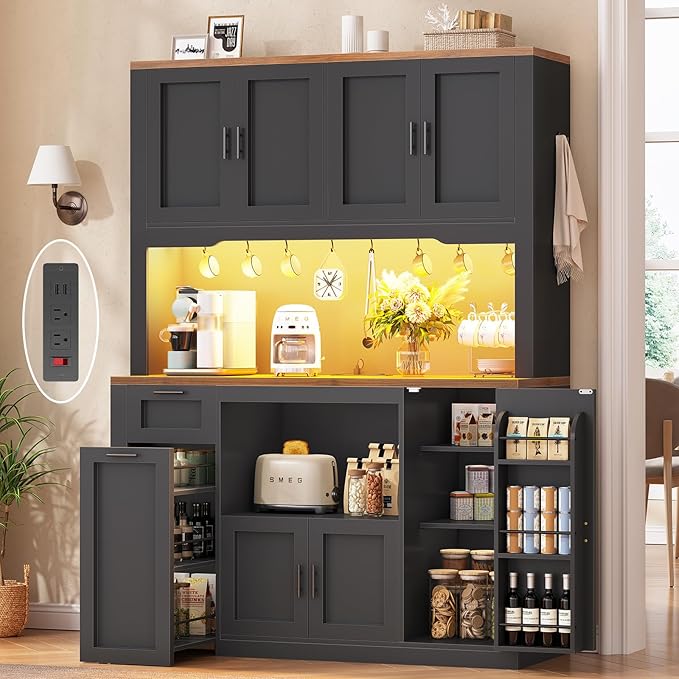 Itaar 71" Pantry Cabinet with Charging Station and LED Light, Kitchen Pantry Cabinet with Microwave Stand, 47.2" Wide Kitchen Storage Cabinets with Storage Cart 3 Tier for Dining Room, Black