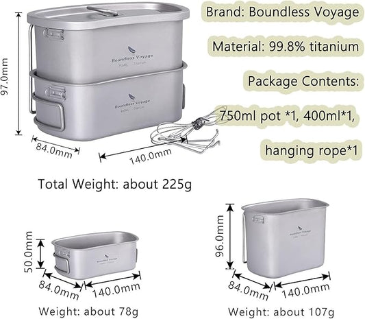 iBasingo Titanium Canteen Mess Kit with Folding Handle Hanging Ring Ultralight Portable for Lunch Outdoor Camping Hiking