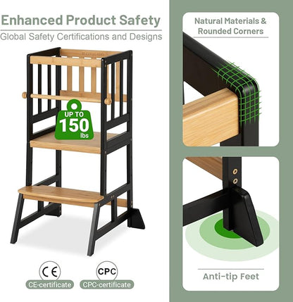 COSYLAND Toddler Standing Tower - Adjustable Height Toddler Kitchen Stool Helper - Kids Kitchen Step Stool for Learning with Removable Safety Railing Black&Natural