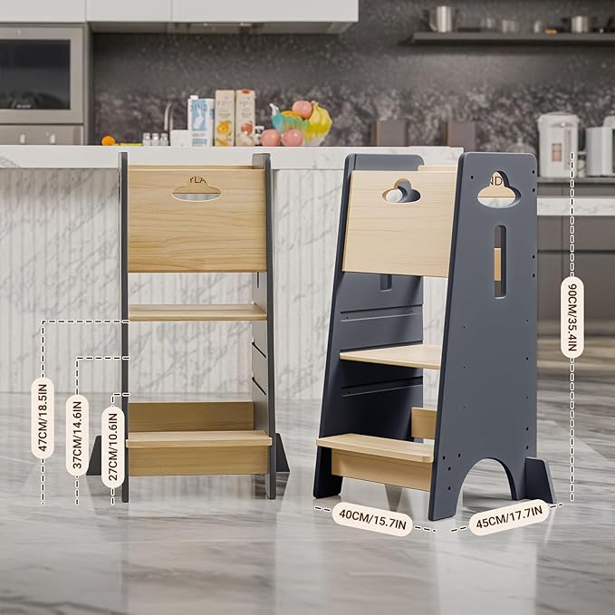 COSYLAND Toddler Standing Tower Adjustable Height - Super Stable Kids Kitchen Stool Helper - 3 Levels Adjustable Wooden Toddler Kitchen Stool (Natural & Light Gray)