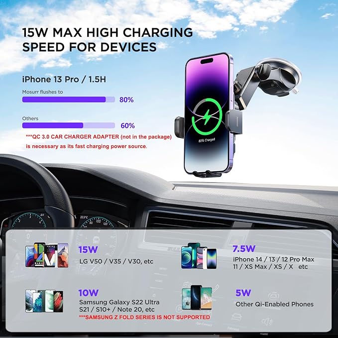 Wireless Car Charger,【7 Colored RGB Backlit】 Mosurr 15W Auto Clamping Phone Holders for Your car fit for iPhone 16 15 14 Mini Pro Max, Samsung Galaxy S25 Ultra S24 S23+, etc, Fathers Day for Gifts