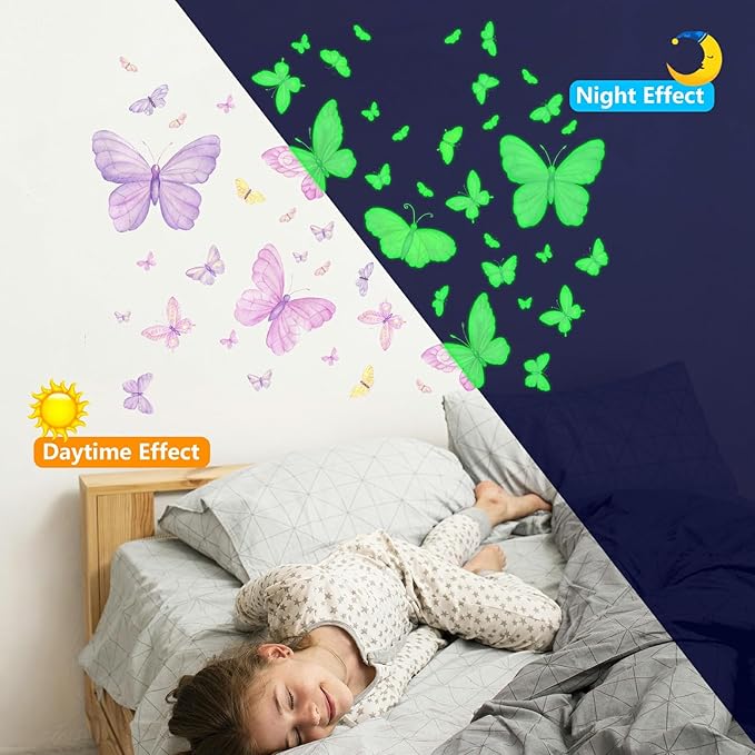 Glow in The Dark Butterfly Stickers, 85 PCS Luminous Wall Decals for Ceiling, Kids Boys Girls Bedroom, Nursery, Playroom, Party Room Decor