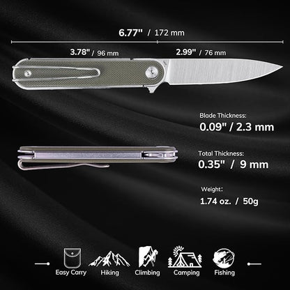 REALSTEEL IRIS Pocket Knife, Folding Knife, Flipper, Liner Lock, 2.99" 12C27 Steel Blade, Lightweight G10 Handle, 1.74oz, Deep-carry Pocket Clip, EDC Outdoor Indoor, Gifts for Men Women Camping Hiking Climbing Fishing (OD Green G10)
