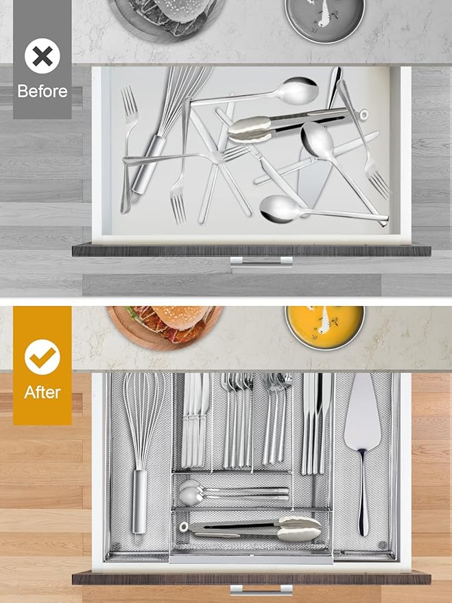 Silverware Organizer Metal Mesh, Large Drawer Organizer, Utensil Cutlery Tray for kitchen drawers, Expandable Flatware Organizer with 8 Compartment Silver 11.6"~20" x 17.3"