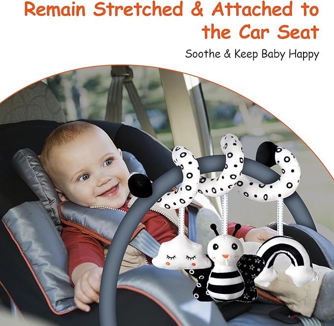 Car Seat Toys, Infant Baby Spiral Activity Hanging Toys Stroller Toys for Car Seat Stroller Bar Crib Bassinet Mobile with BB Squeaker and Rattles (Bee)