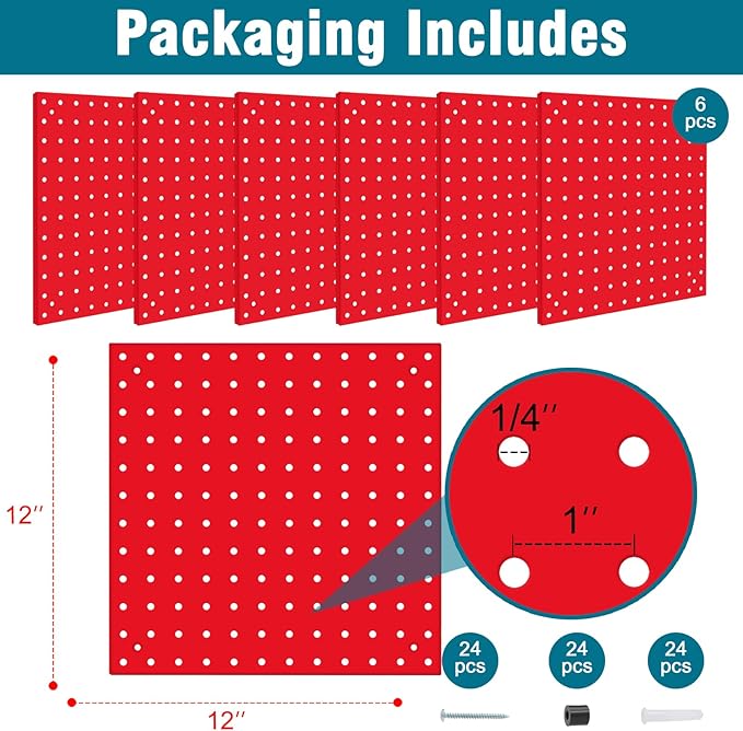 6 Pack Steel Peg Board,Universal 1/8 and 1/4 Pegboard Accessories,Ideal for Garage Tool Storage, Office Organization, Craft Room, Kitchen etc. (Red, 6-12X12)