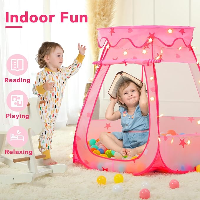 Baby Ball Pit for Toddler: with Star Lights - Pop Up Princess Play Tent for Kids - Indoor Outdoor Baby Girl Toys Birthday Gifts - NO Balls (Pink Tent)