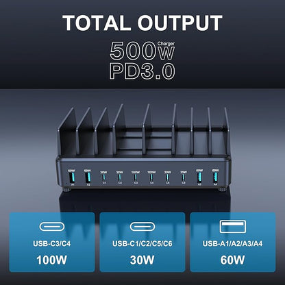 chipofy 500W Charging Station for Multiple Devices, 10-Port Multi USB C Fast