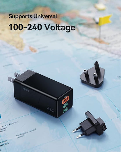 Ruko 65W USB C Charger, 3 Port International Travel Charger Kit, GaN Fast