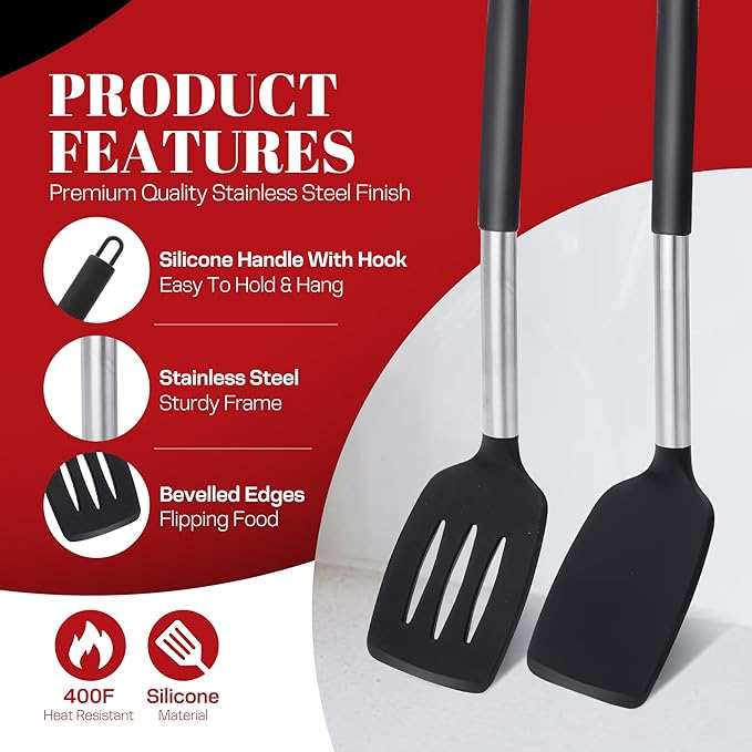 Silicone Spatula Set - Pack of 2 Non Stick Slotted Kitchen Spatulas, Heat Resistant Silicone Turner for Frying, Baking, BPA-Free, Slotted Spatula for Nonstick Cookware