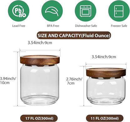 2PCS Small Glass Storage Jars with Airtight Lids, 11 fl oz (300ml) coffee container with Wooden Lid, Glass Pantry Canister for Beans, Rice, Sugar and etc