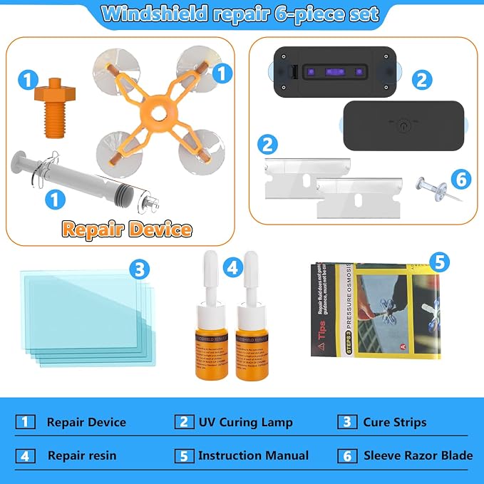 Brennenstuhl Windshield Repair Kit for Chips and Cracks, Rock Chip Repair Kit Windshield, for All Car Windshield Crack Repair Kit to Repair Scratches, with Curing and Pressurizing Device (Orange)