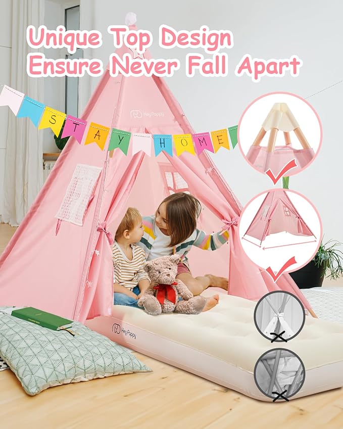 6 Pack Teepee Tent for Kids with Inflatable Airbed, Light, Toddler Tent Children Room Tents, Slumber Party Sleepover Tents, Indoor Outdoor Kids Playtent Playhouse for Girls & Boys