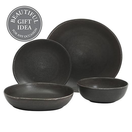 Gibson Elite Zion Mist 16 Piece Stoneware Reactive Glaze (Service for 4) Ceramic Plates and Bowls Modern Organic Dinnerware Set - Black