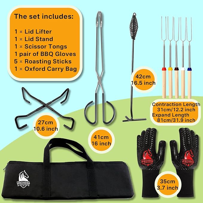 6-in-1 Dutch Oven Camping Accessories Kit - Campfire Cooking Equipment with Marshmallow Roasting Sticks, Heat-Resistant Gloves, 16" Scissors Tongs, Lid Lifter & Lid Stand