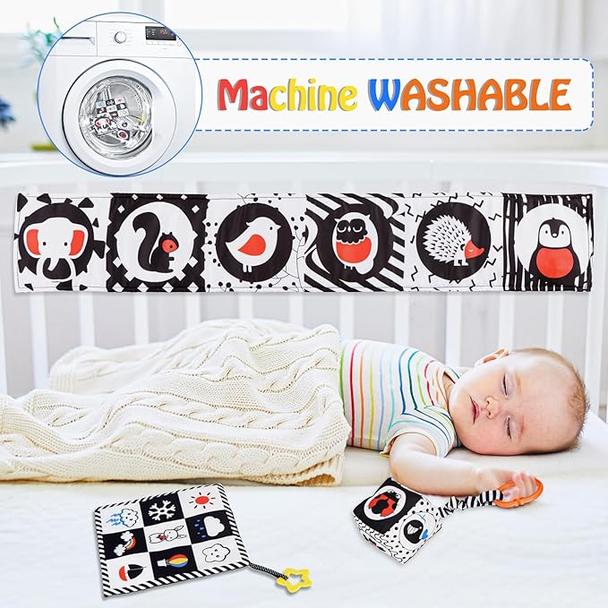 SAMMAS 3 Pcs Black and White High Contrast Baby Toys, 0-6 Months, Sensory Soft Book, Montessori Toys for Babies
