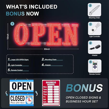 30" x 10" Large LED Open Signs